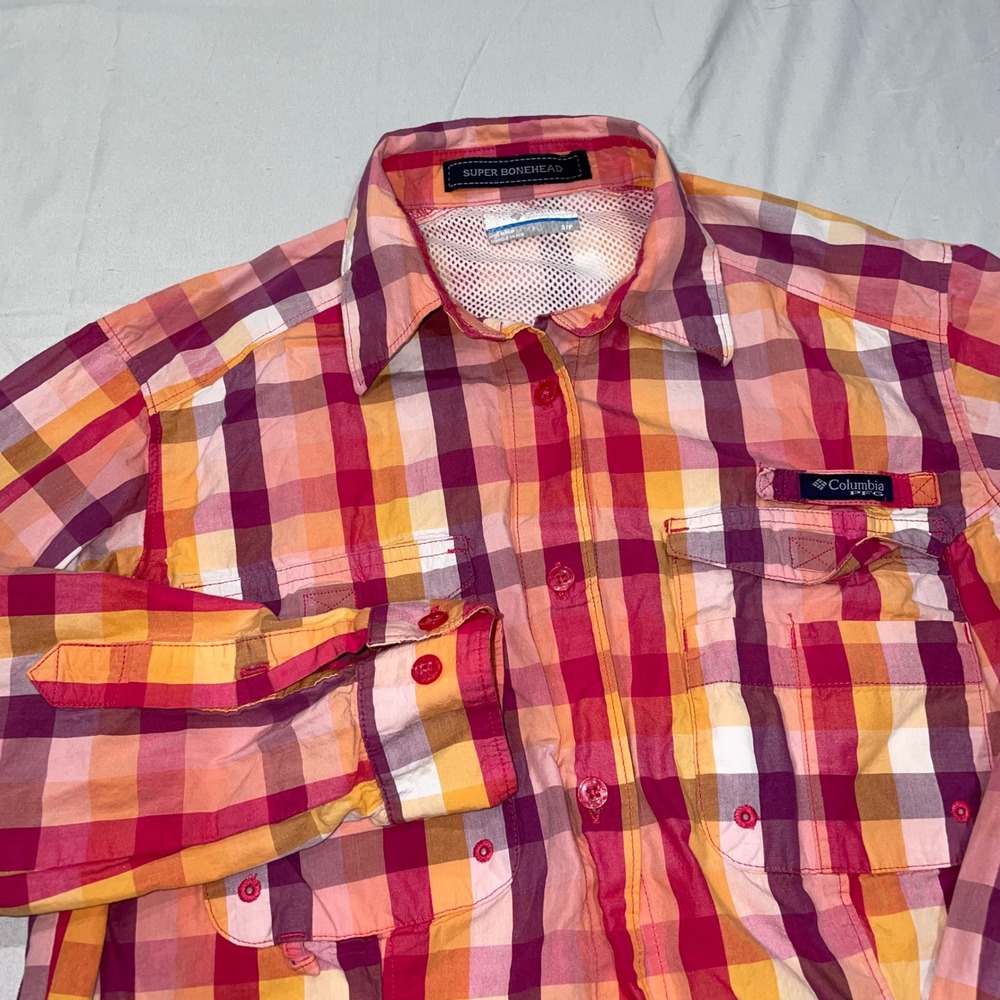 Columbia PFG Super Bonehead Fishing Shirt Womens Small Pink Orange Plaid L/S